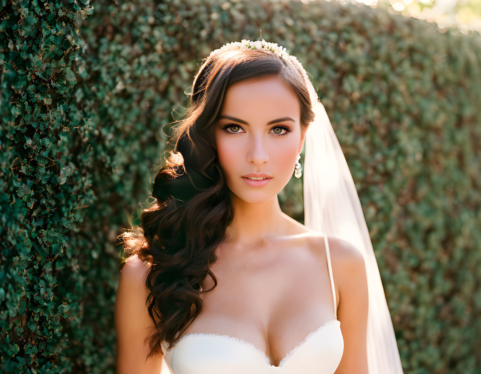 Elegant bridal look with tiara, wavy hair, and veil against leafy background