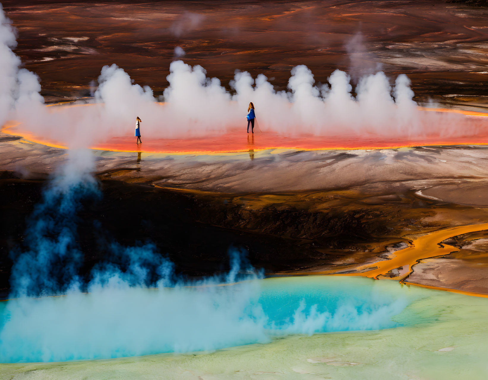 Vividly colored geothermal spring with steam and mineral patterns