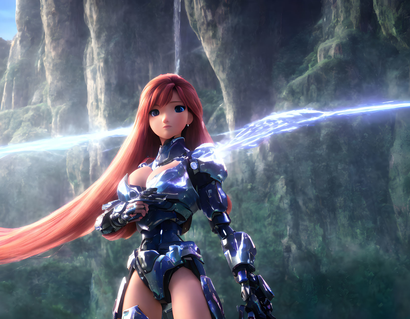 Female character with long red hair in futuristic armor against scenic backdrop