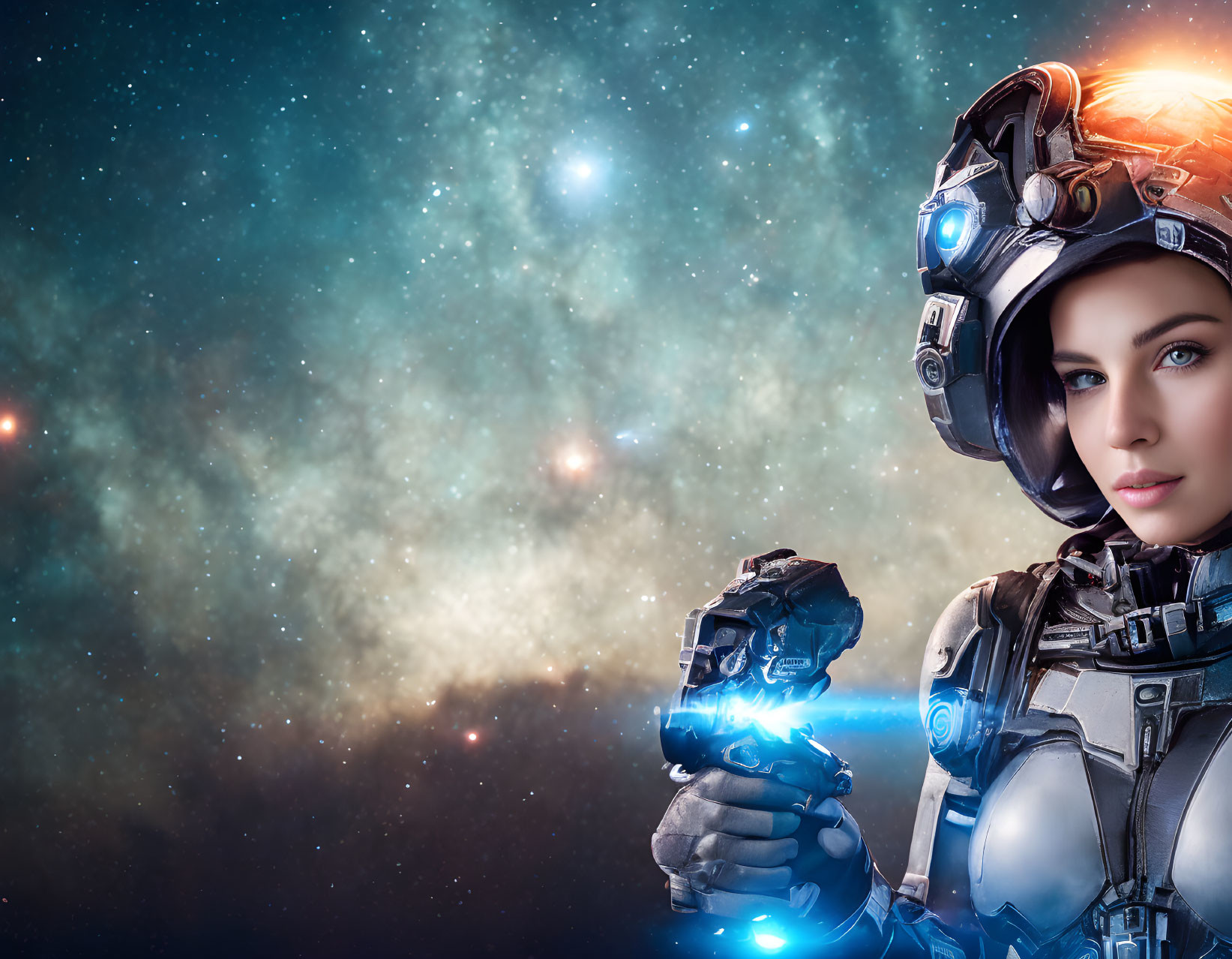 Female astronaut in advanced suit holding glowing orb against cosmic starscape