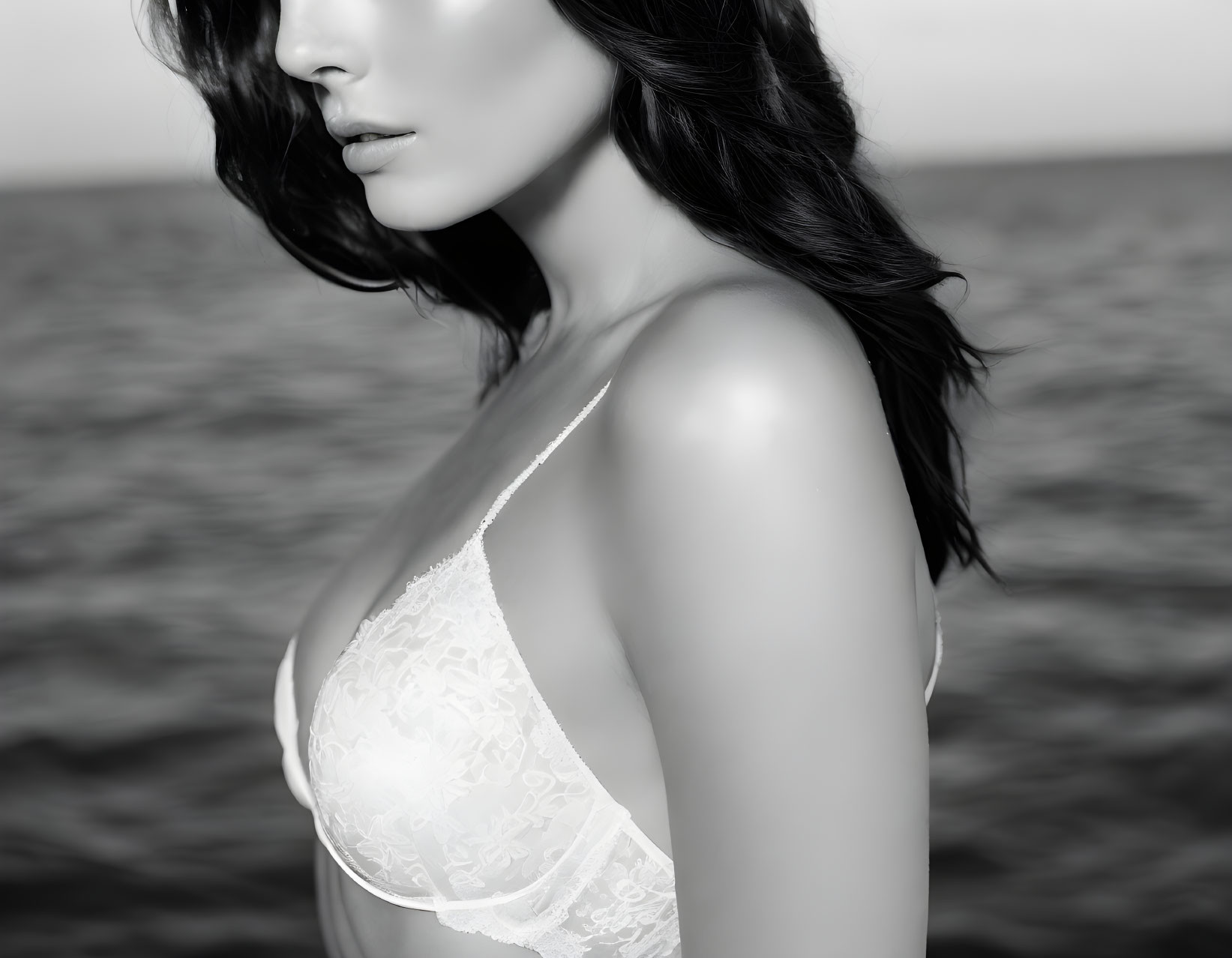 Monochromatic portrait of woman with dark hair in lace bra by the sea