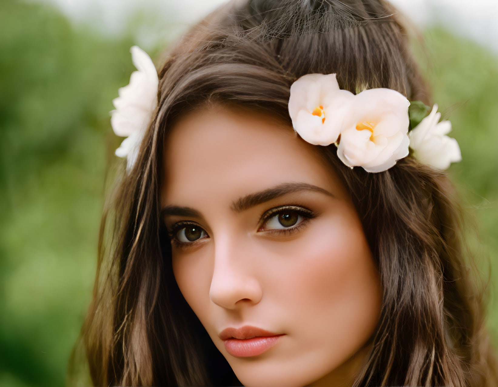 Serene young woman portrait with white flowers in hair on green background