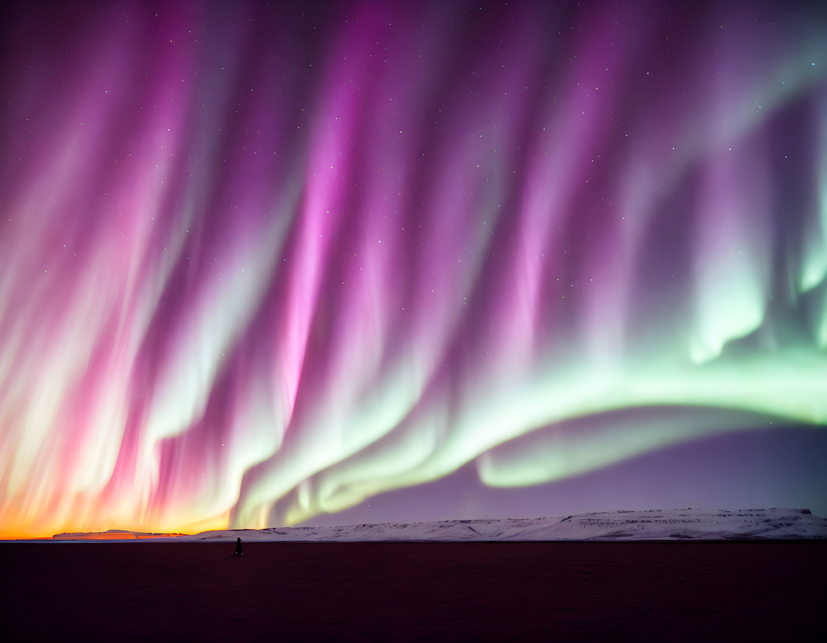 Twilight sky with purple and green aurora borealis over snowy landscape