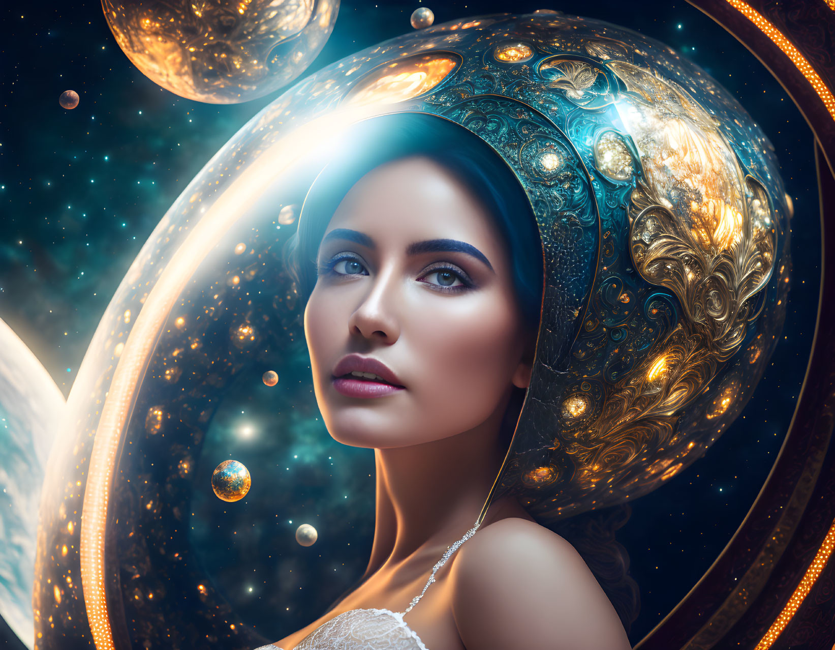 Woman adorned with celestial headgear amidst glowing planets and stars