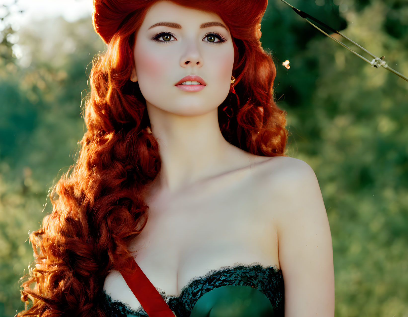 Red-haired woman in black corset gazes against green backdrop