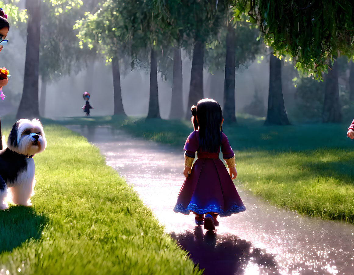 Young girl in purple dress walking with fluffy dog in sunlit park path