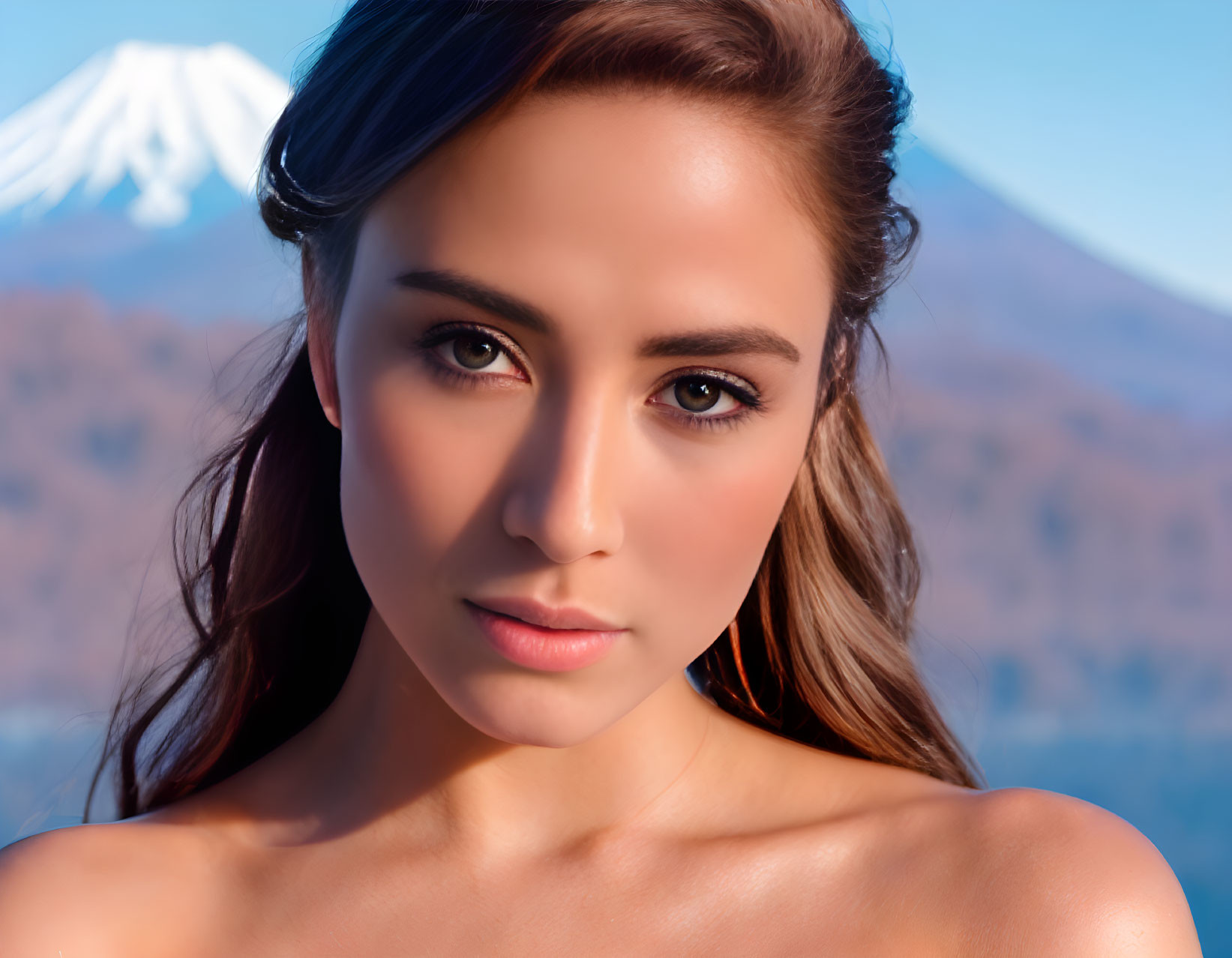 Portrait of woman with brown hair, hazel eyes, subtle smile, and blurred Mount Fuji.