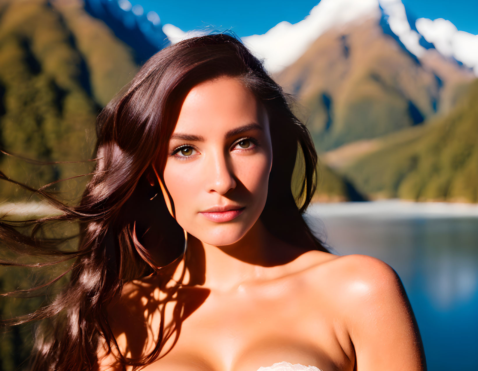 Woman with flowing hair at mountain lake under clear sky