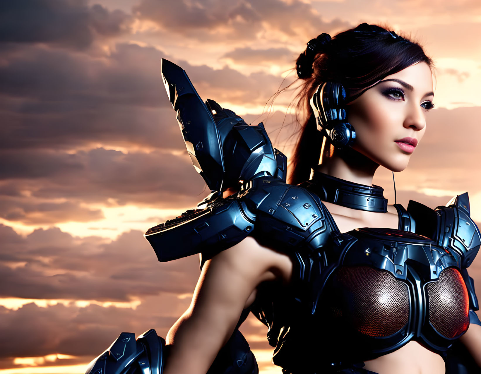 Futuristic armor-clad woman in confident pose under dramatic sunset sky