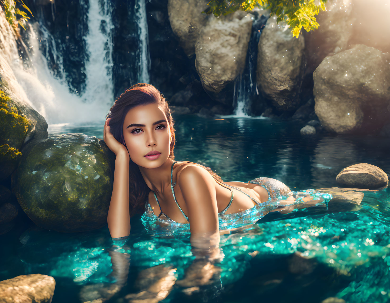 Woman in Clear Blue Water Pool by Waterfall with Rocks and Green Foliage