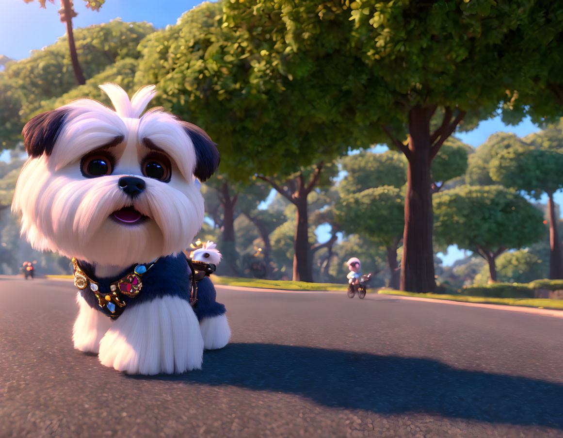 Animated Shih Tzu in Bow Tie on Road with Small Dogs and Trees