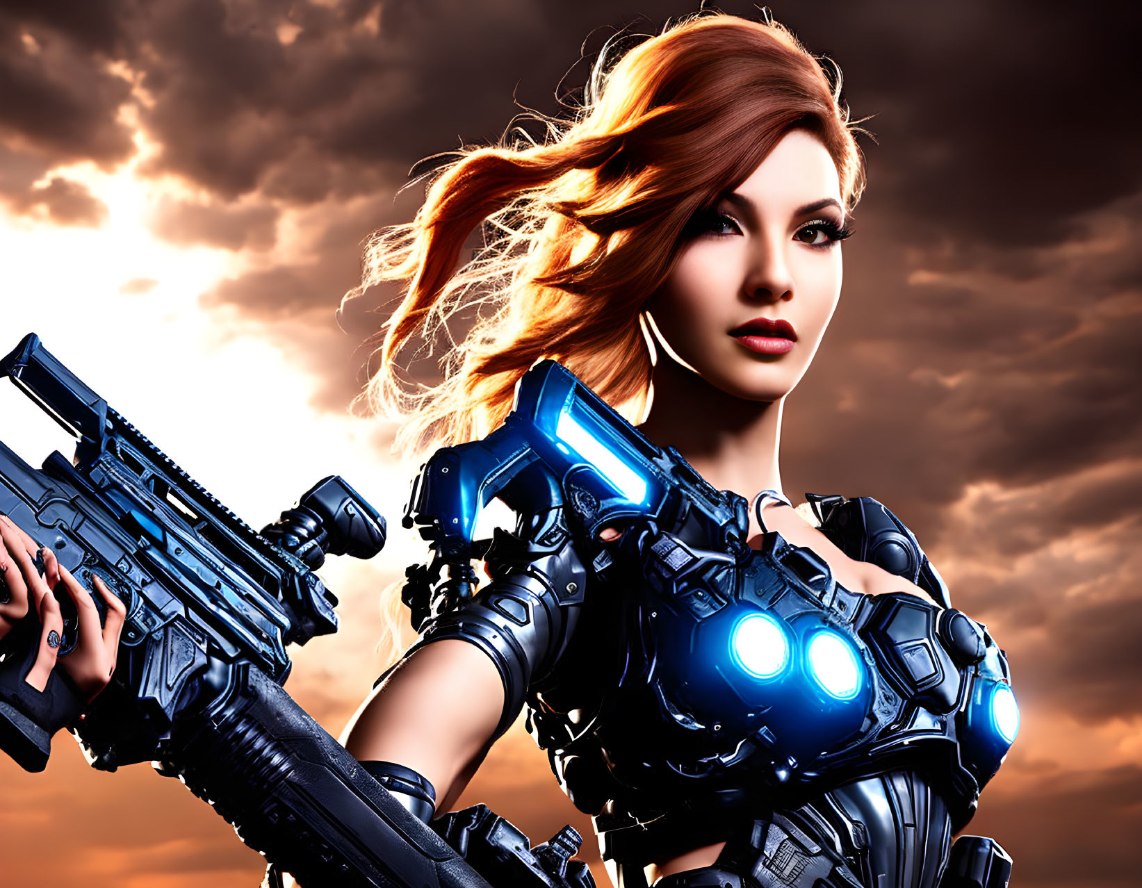 Futuristic female warrior in blue glowing armor with rifle against dramatic sunset sky