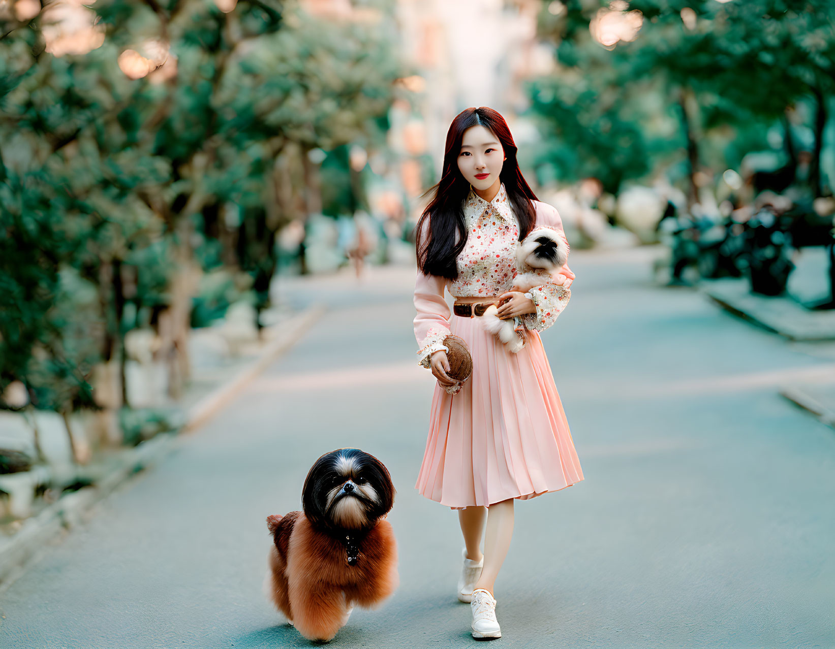 Woman in Pink Dress Walking Two Fluffy Dogs on Tree-Lined Path