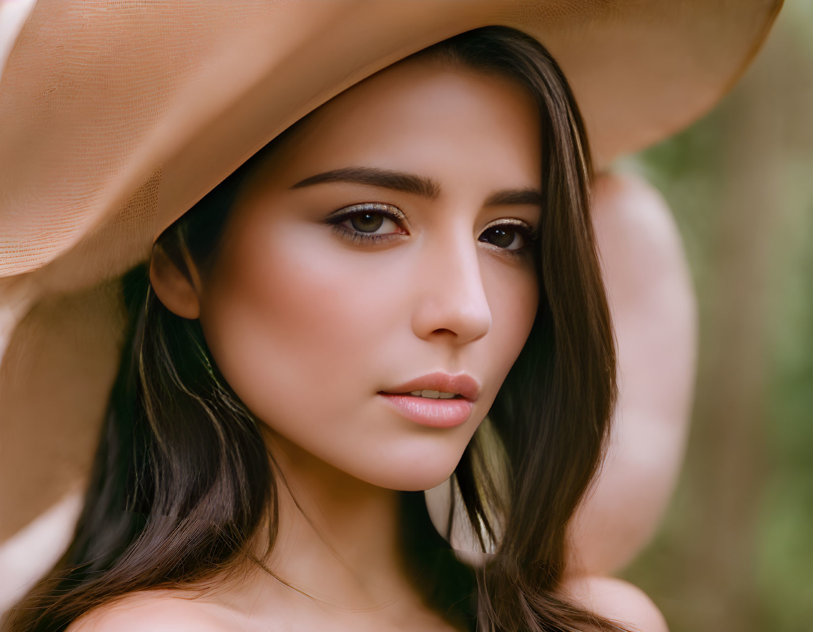 Portrait of woman with large beige hat, dark hair, clear skin, and subtle gaze against green background