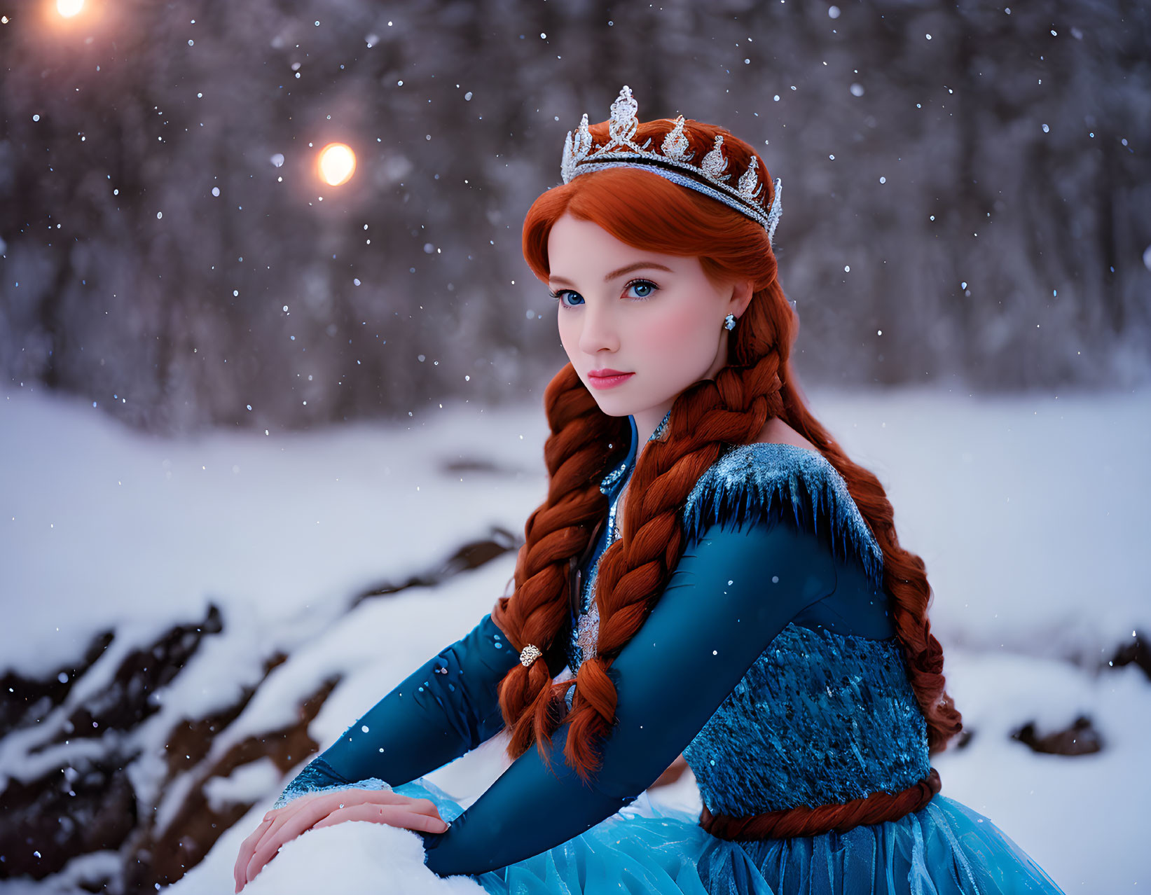 Woman in Blue Dress with Tiara and Braided Red Hair in Snowy Landscape