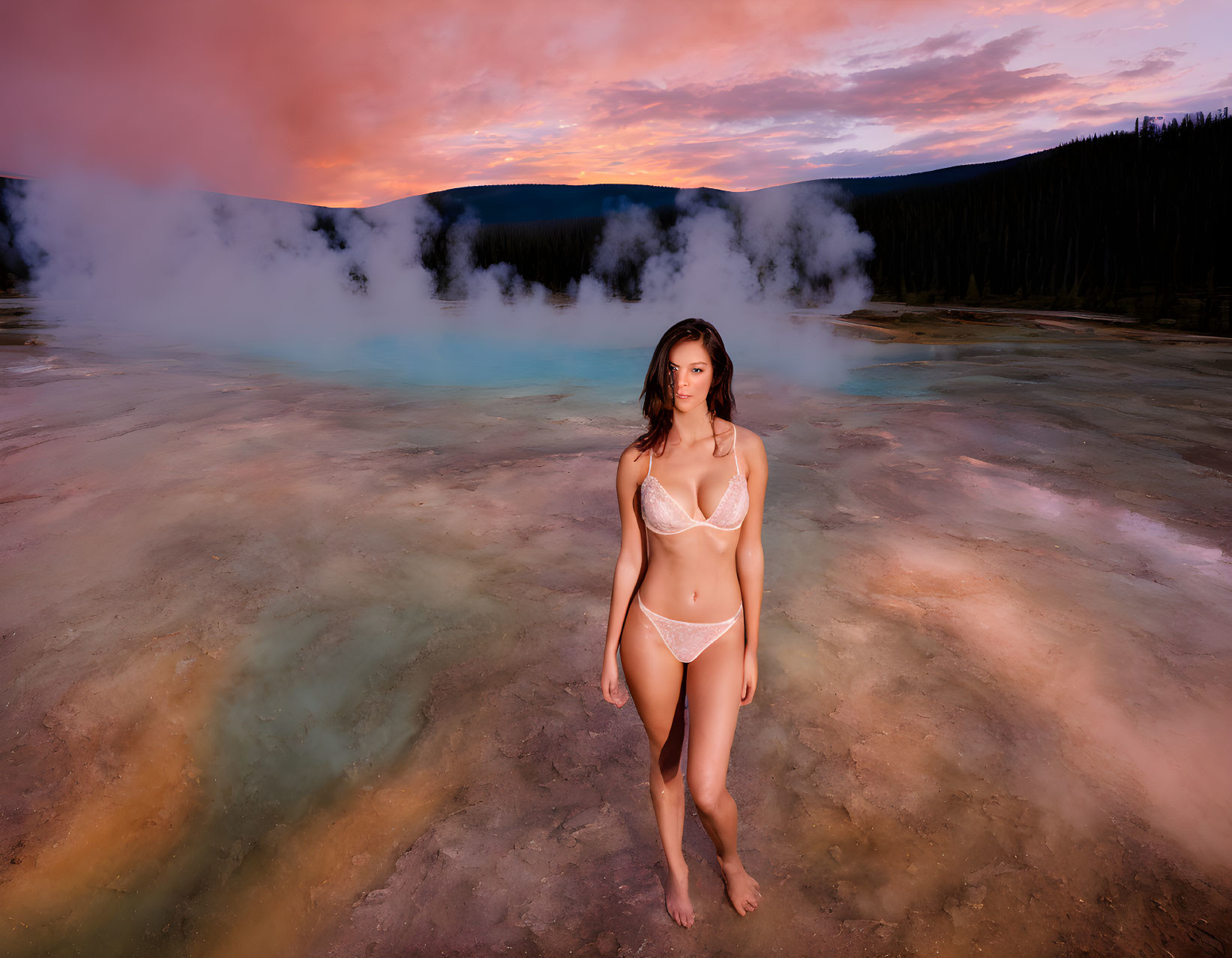 Person in White Bikini at Colorful Geothermal Pools at Sunset