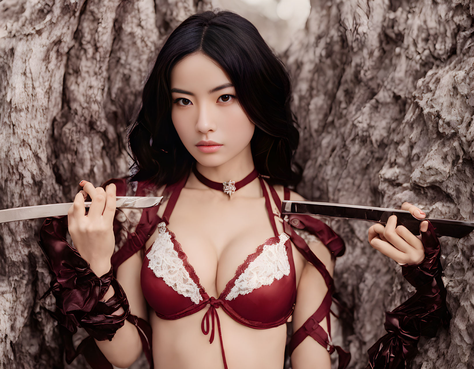 Woman posing with sword in red and white lace costume