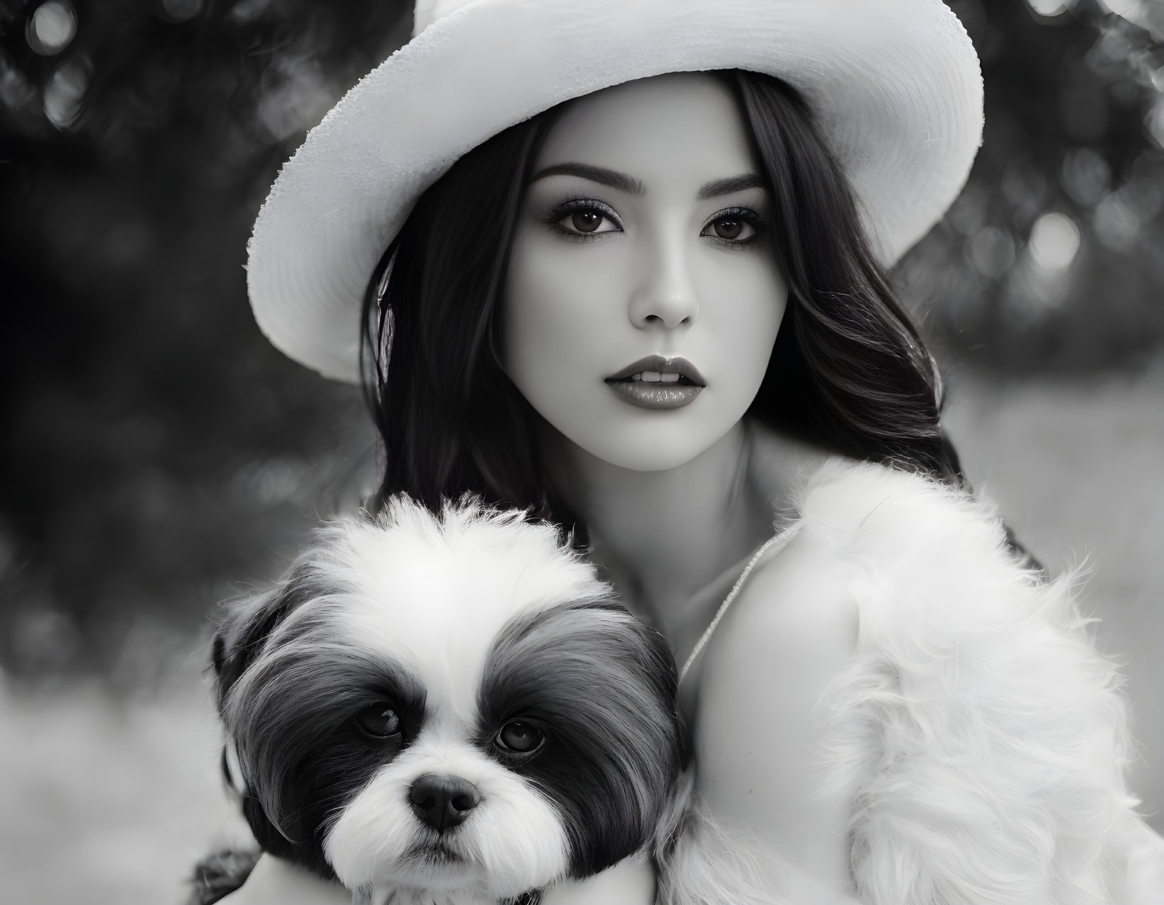 Monochrome portrait of woman with striking eyes in hat with fluffy dog