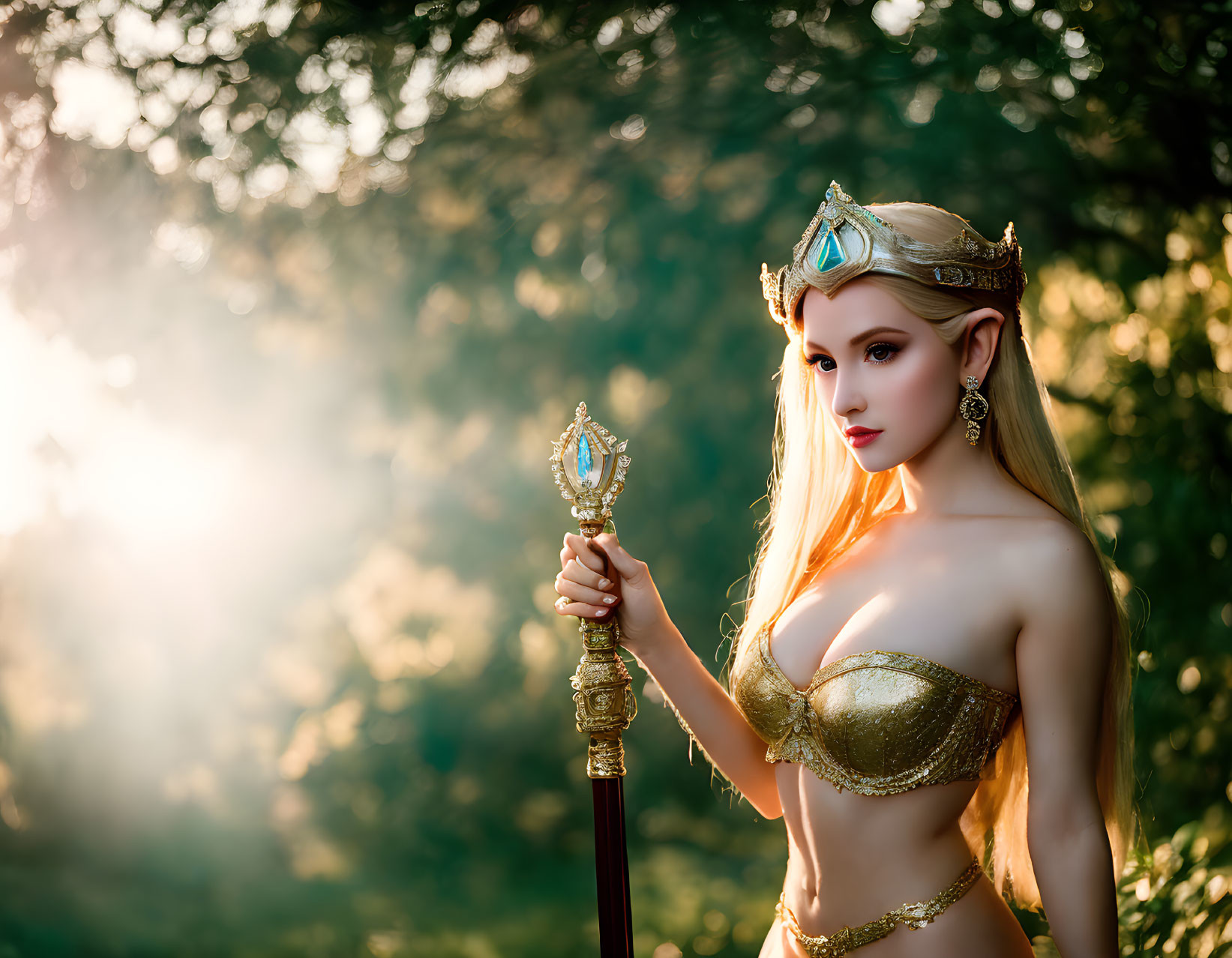 Regal woman in fantasy attire with crown and scepter in forest at sunset