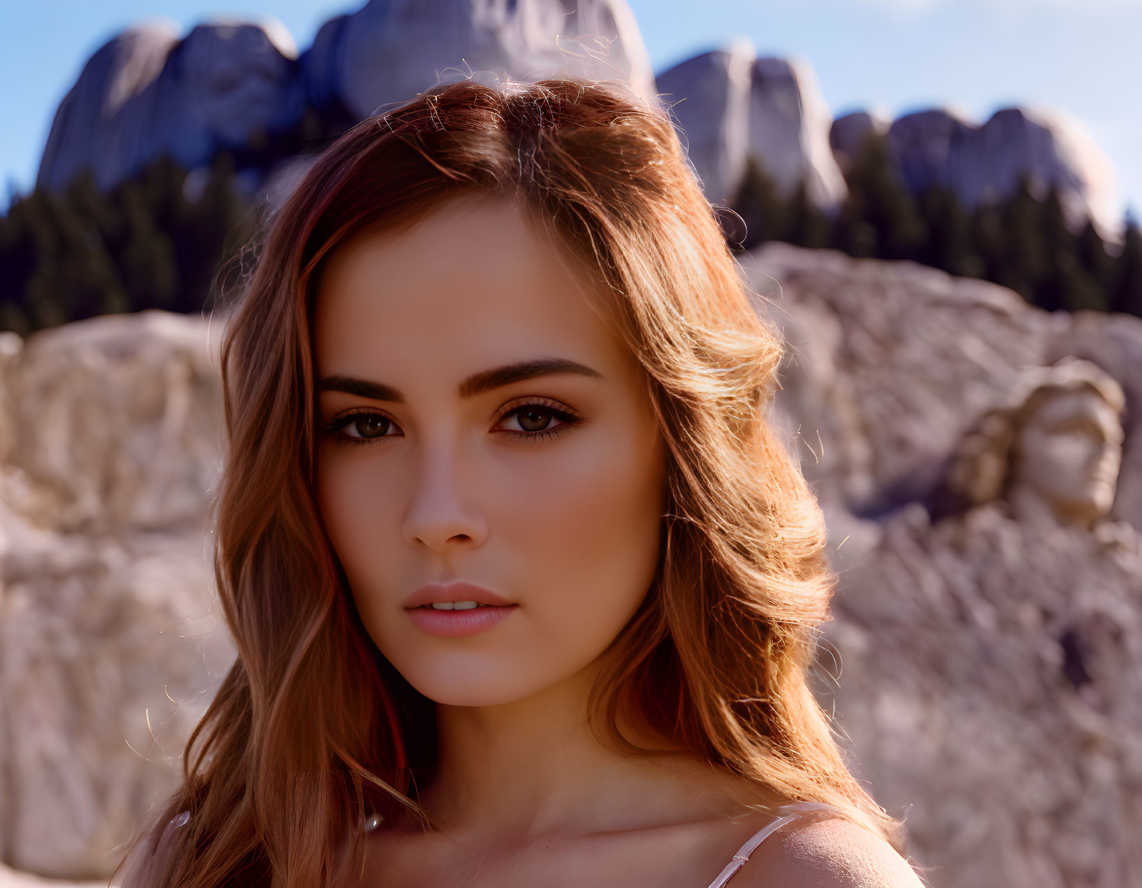 Portrait of young woman with long hair against mountain backdrop