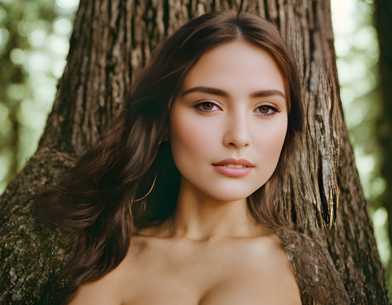 Portrait of woman with long brown hair and subtle makeup in nature.