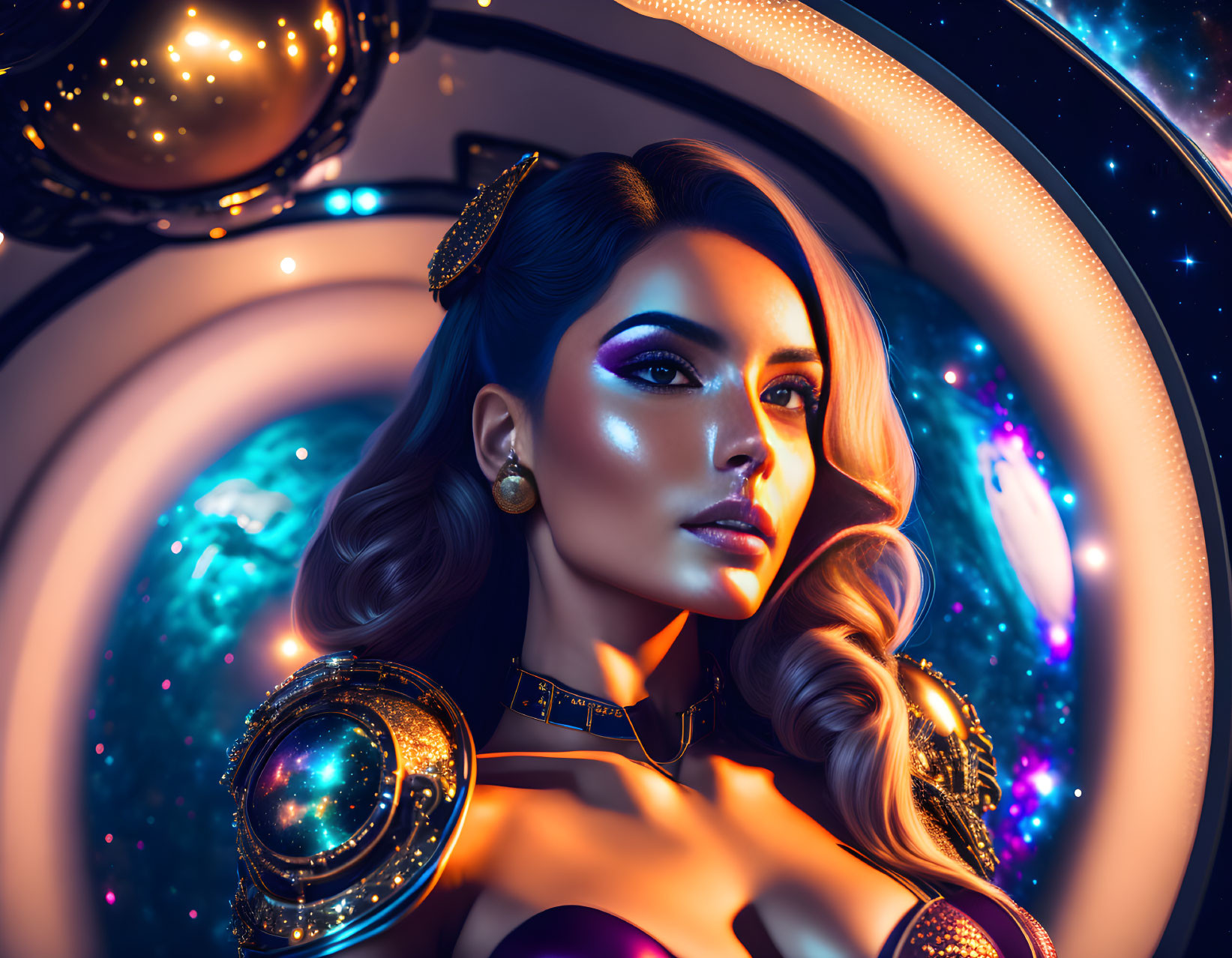 Digital artwork: Woman with cosmic makeup in vibrant celestial setting