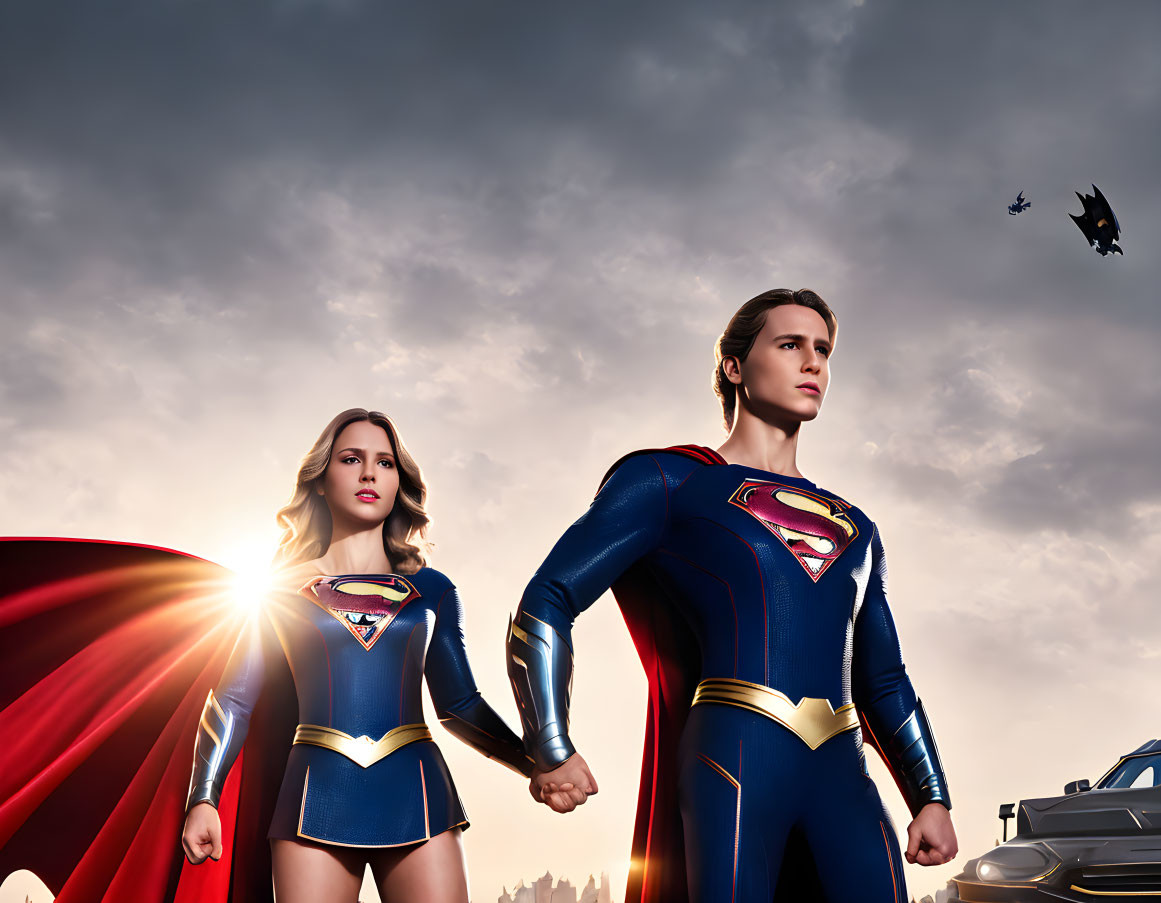 Male and female superheroes in blue and red costumes holding hands under dramatic sky.