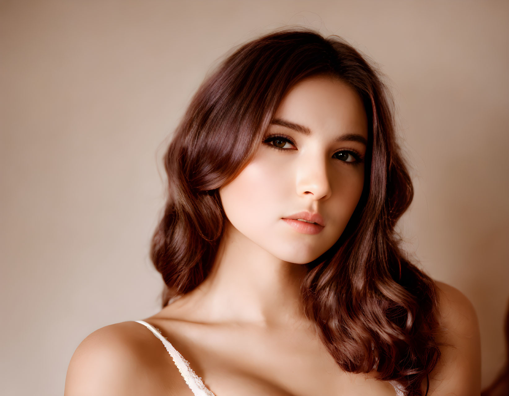 Portrait of a Woman with Long Brown Wavy Hair and Subtle Makeup