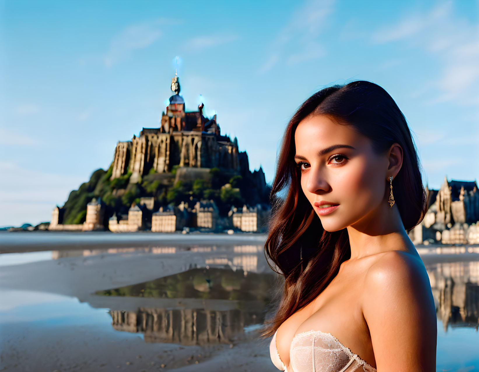 Dark-haired woman with earrings and Mont Saint-Michel reflection on sandy shore