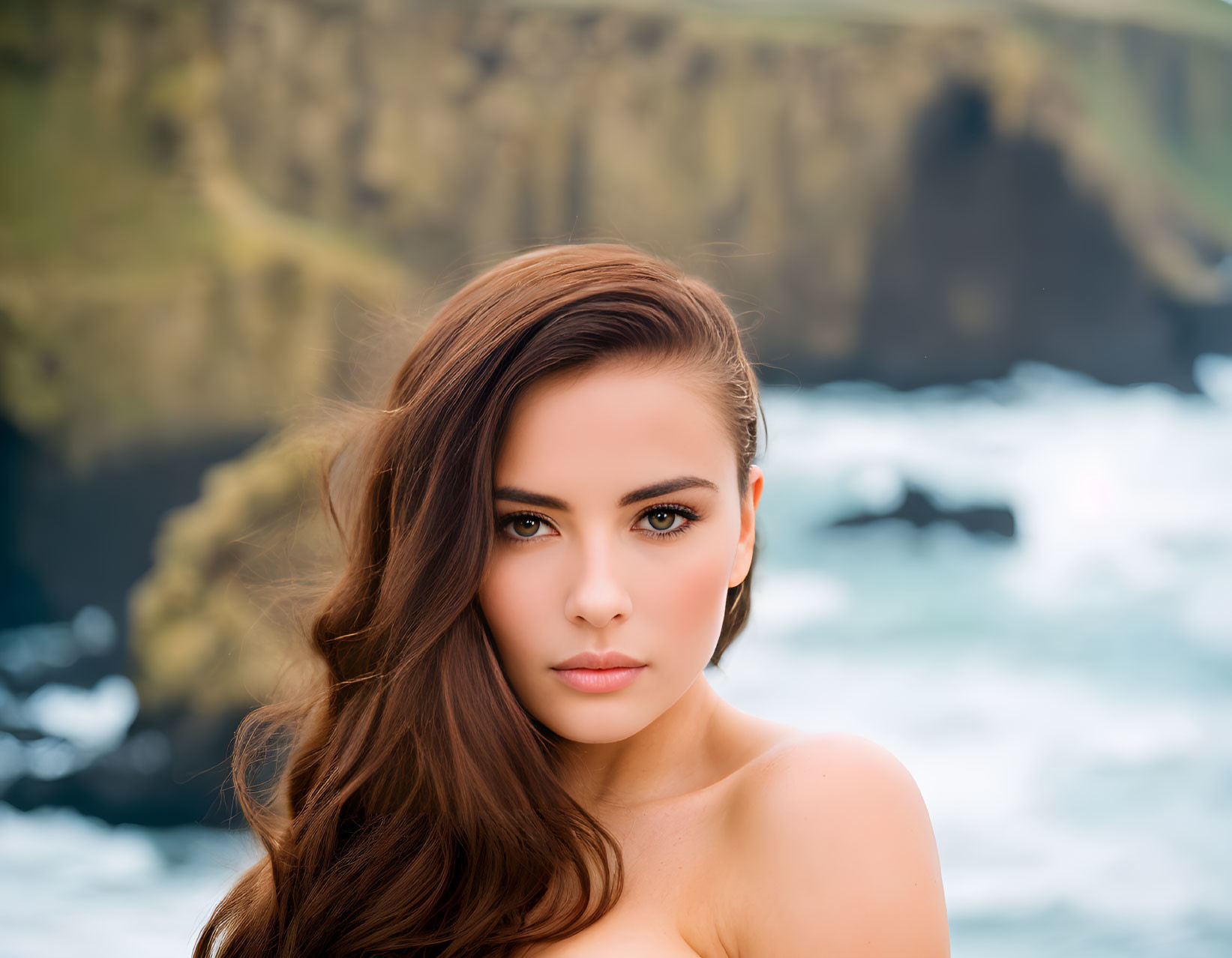 Long-Haired Woman Poses Against Coastal Background