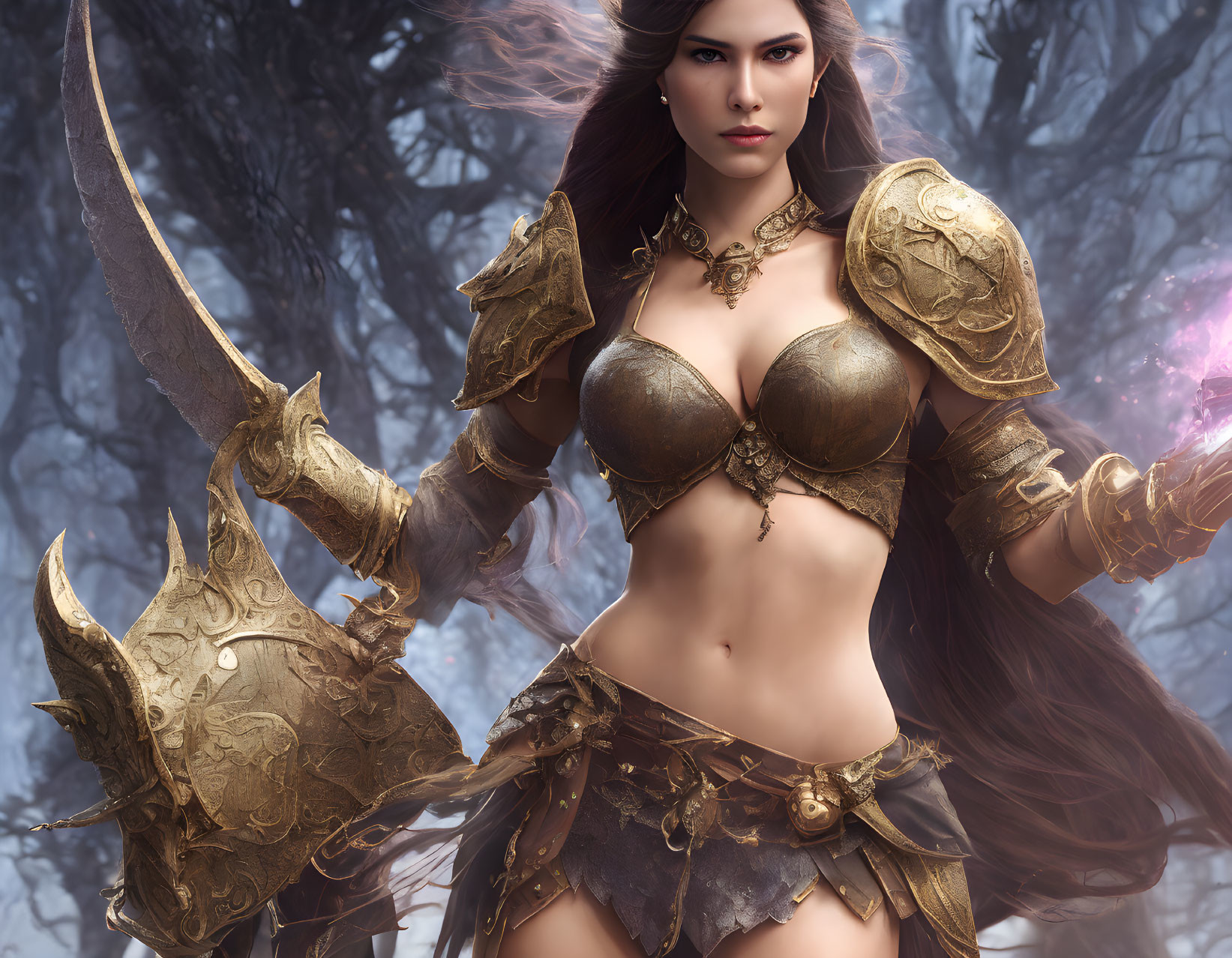 Warrior woman in golden armor with curved sword and mystical purple glow