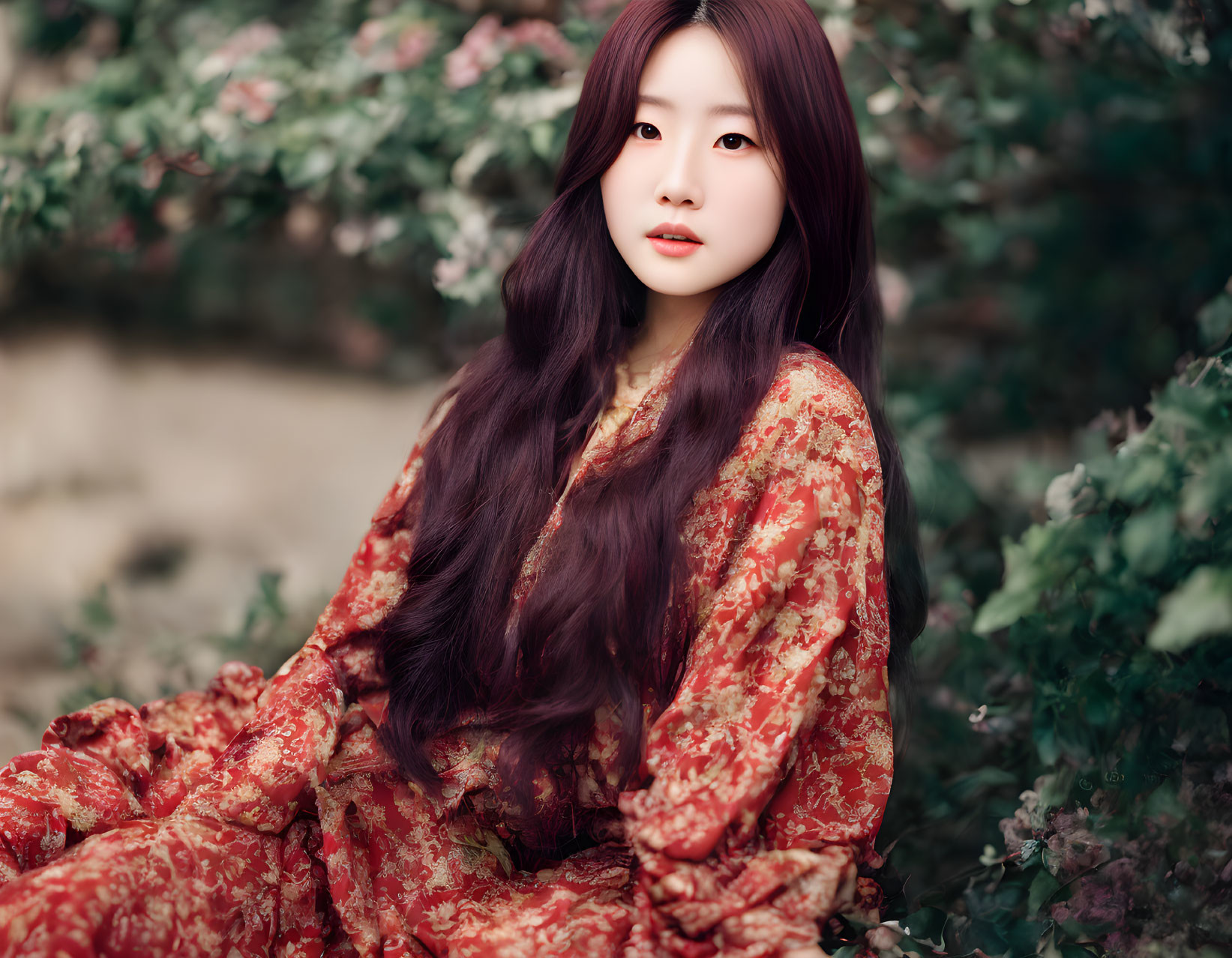 Woman in Red Floral Kimono Sitting Among Green Bushes