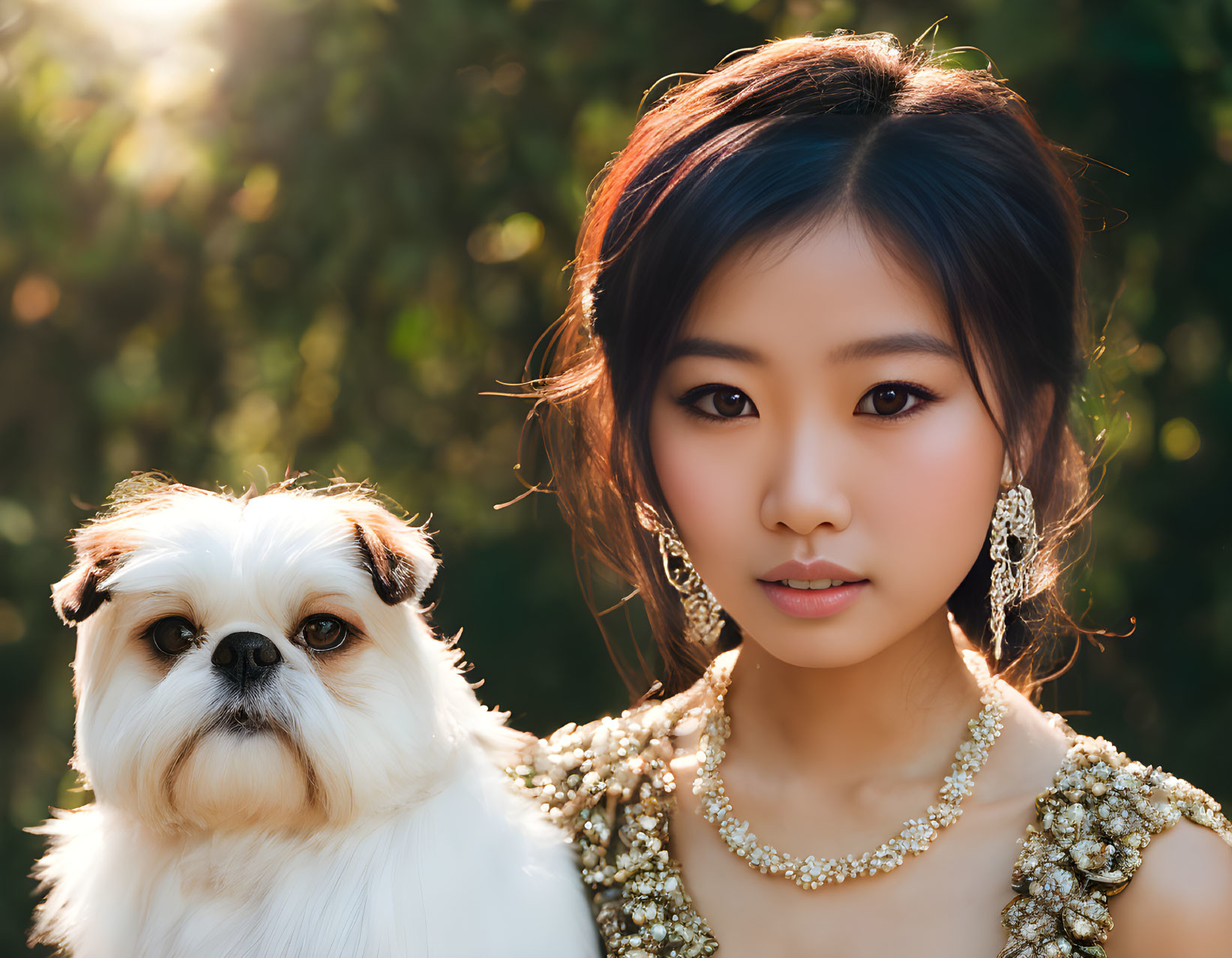 Young woman with shimmering earrings holding a white and brown dog against sunlit backdrop