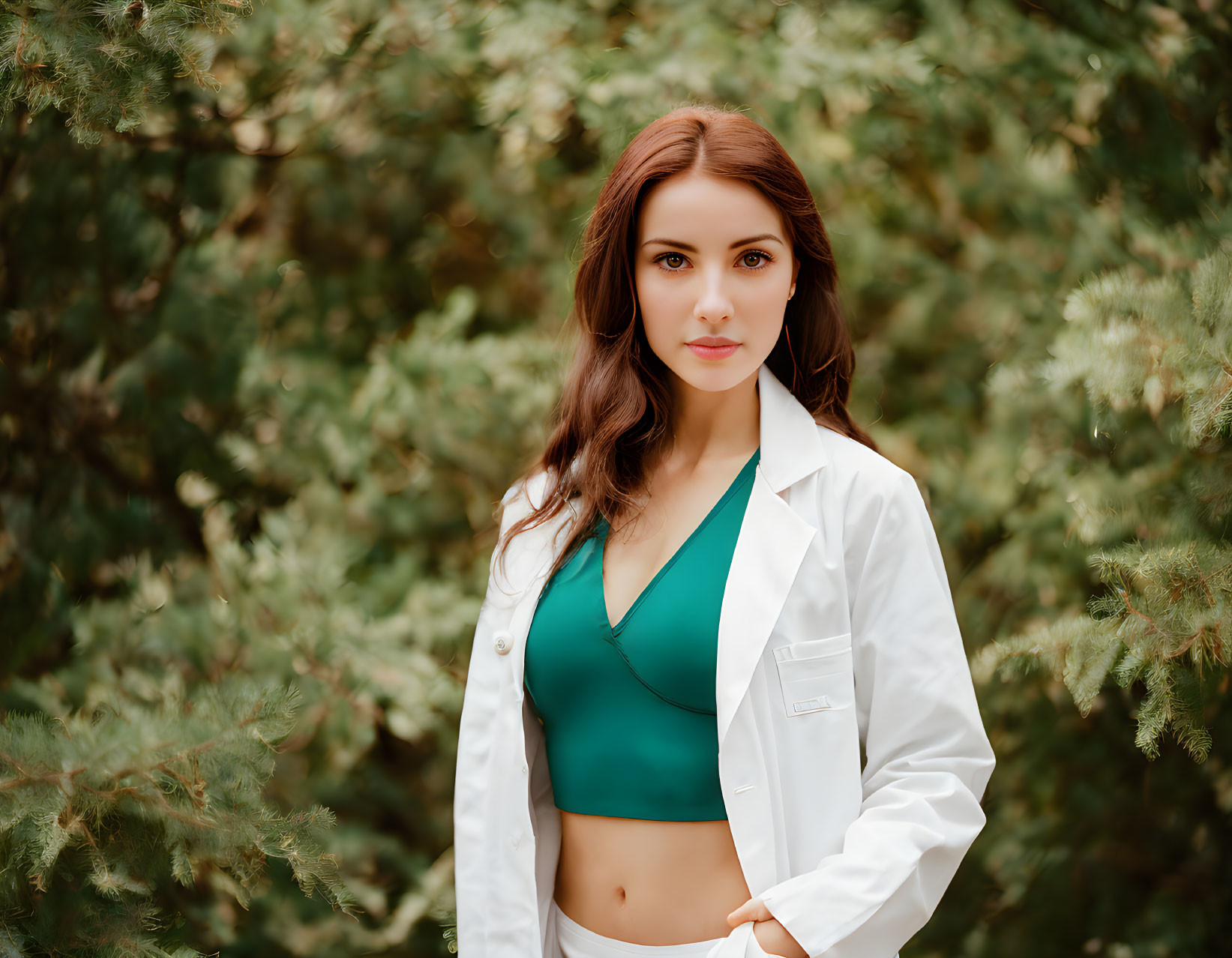 Professional woman in white lab coat and teal top against lush green backdrop