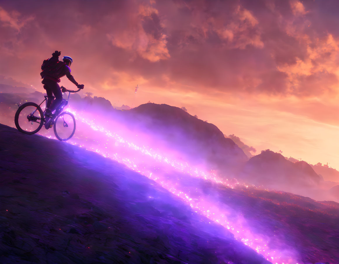 Cyclist on Vibrant Purple Trail at Sunset