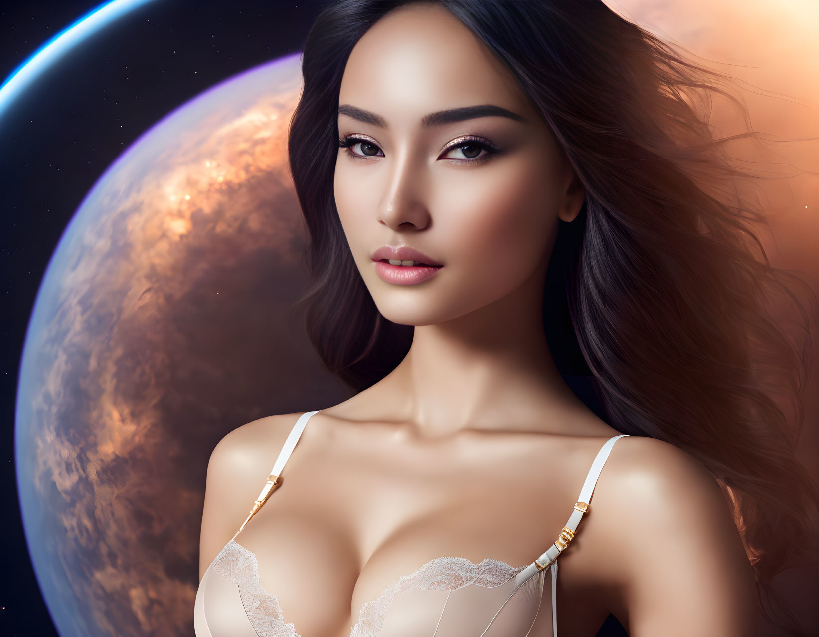 Digital art portrait of woman in white lace with flowing hair against planet backdrop