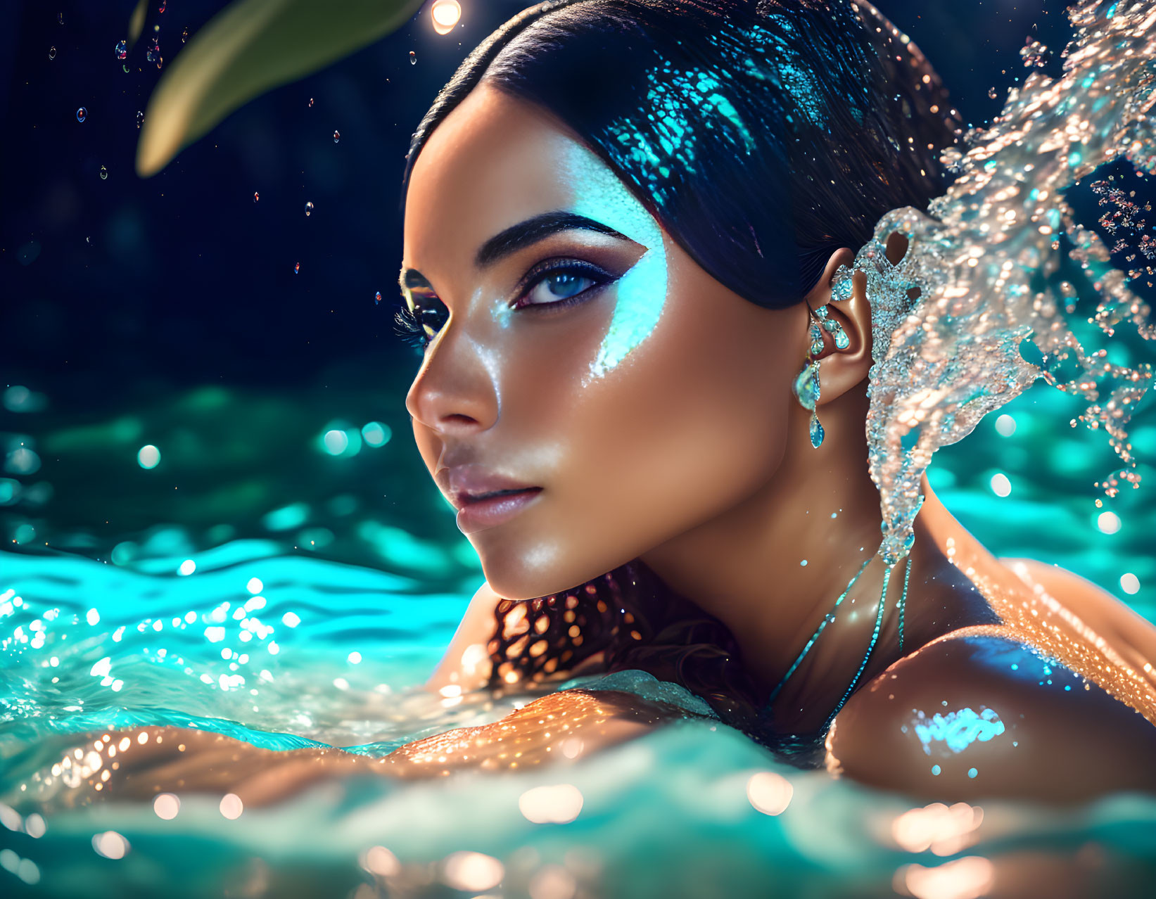 Woman with glowing skin emerges from glistening water under blue light