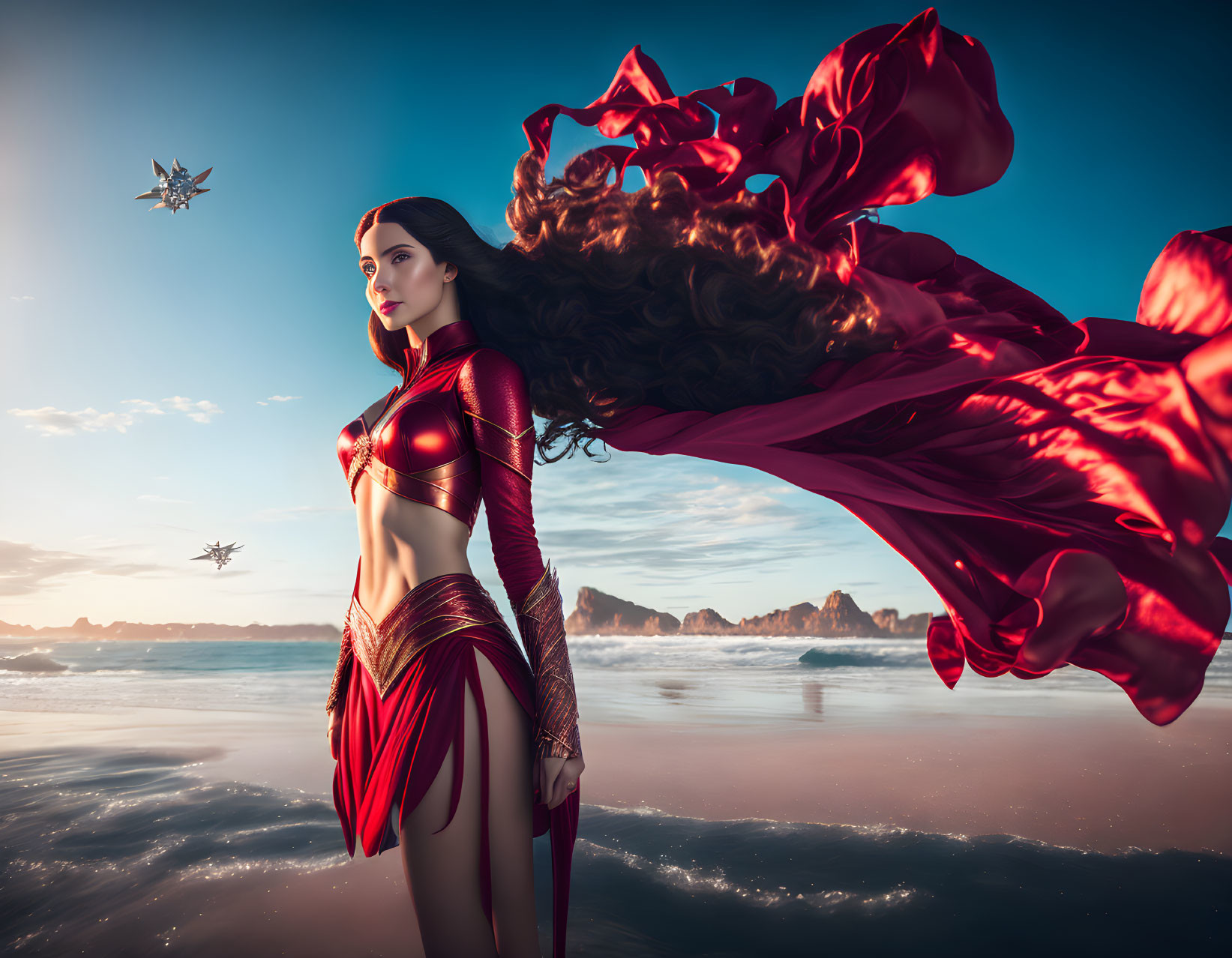 Superhero woman in red costume on water with futuristic ships in sky