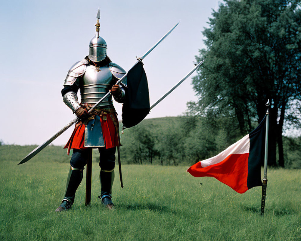 Medieval knight in full armor holding sword and flags on grass