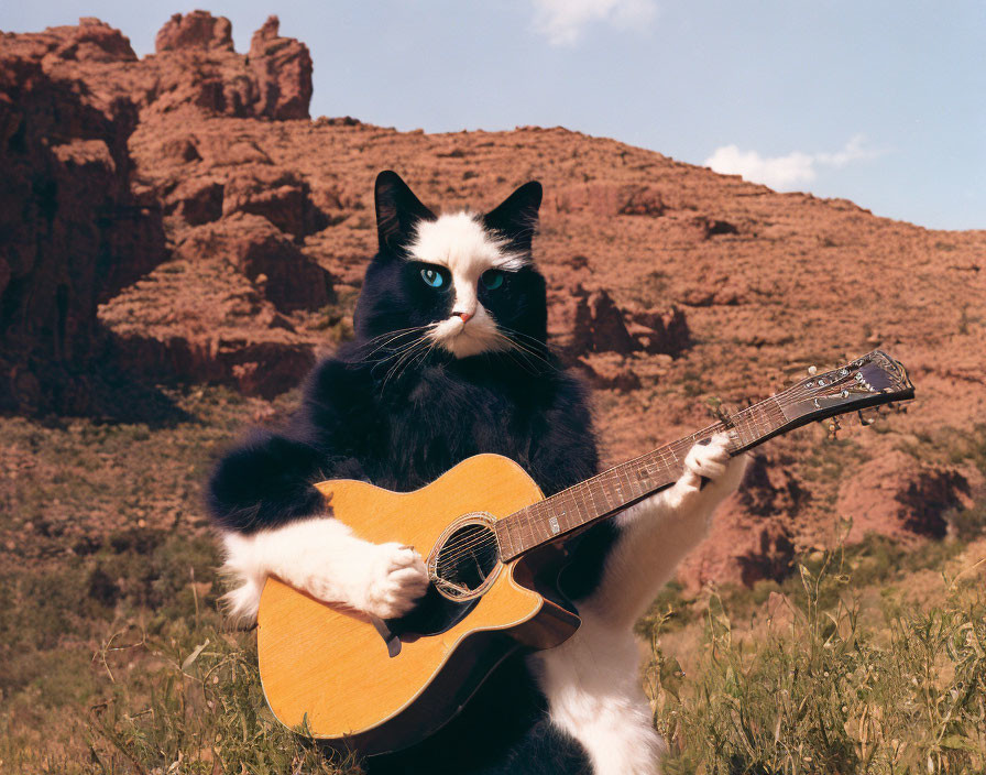 Black and White Cat Playing Guitar in Desert with Blue Eyes