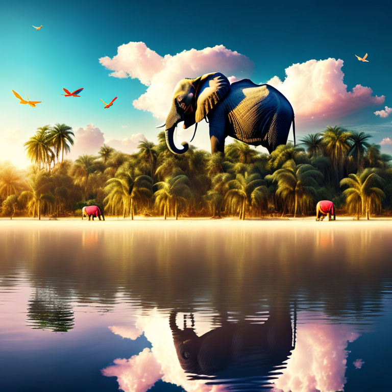 Large floating elephant above tranquil lake with lush palms and colorful birds reflected in water.