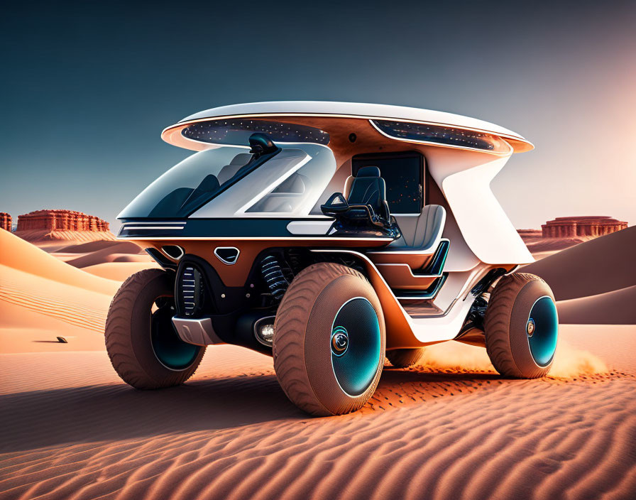 Futuristic desert vehicle with oversized tires and sleek design