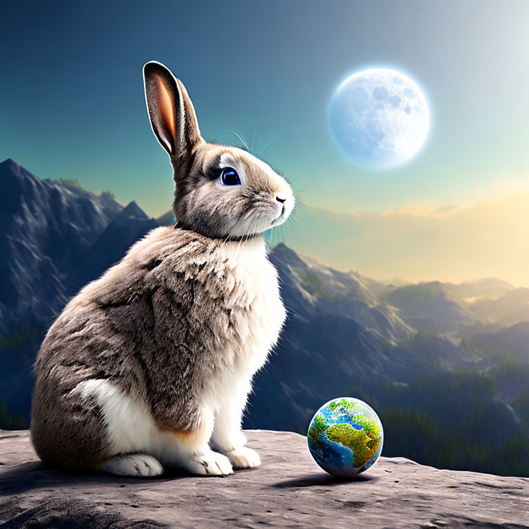 Rabbit with globe on cliff edge under moonlit sky