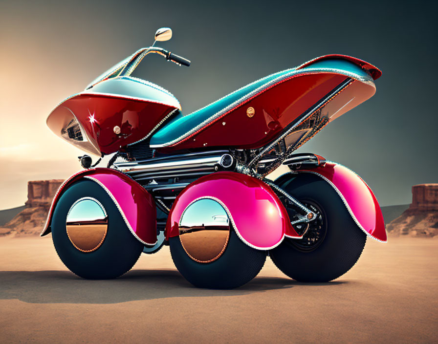 Futuristic red and turquoise hoverbike on desert plain