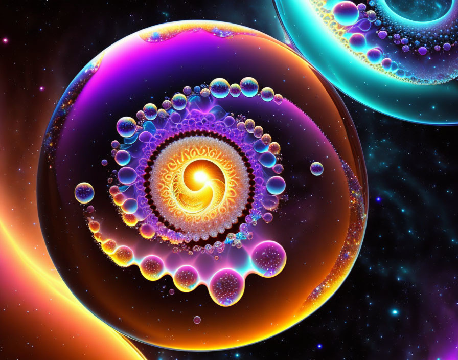 Colorful fractal spiral digital art with cosmic backdrop and spherical bubbles