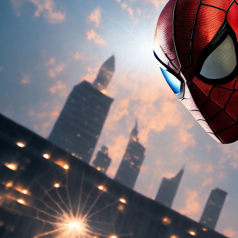 Detailed Spider-Man mask with cityscape and sun flare view.