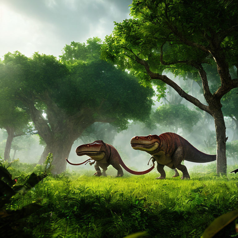 Dinosaurs in misty forest clearing with soft light