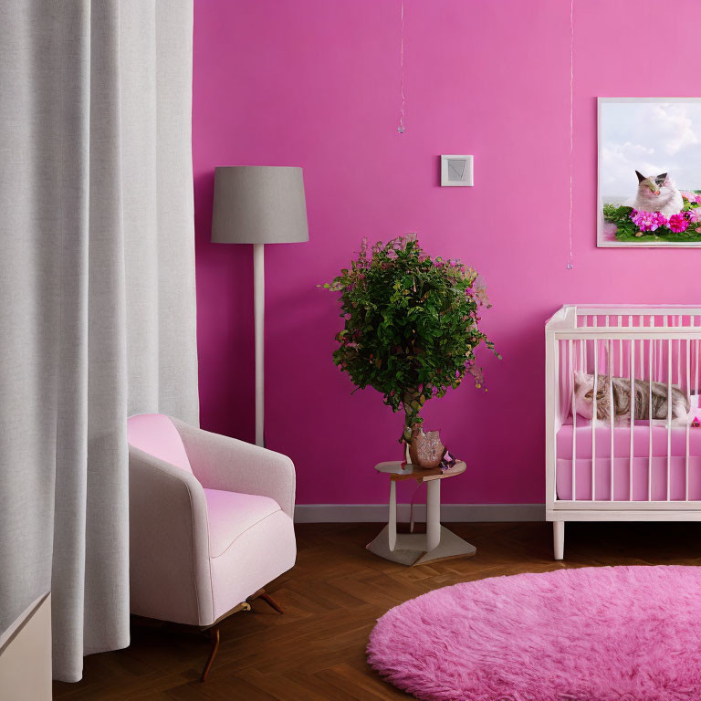 Bright Pink Nursery with Baby Crib, Armchair, Lamp, Plant, and Framed Picture