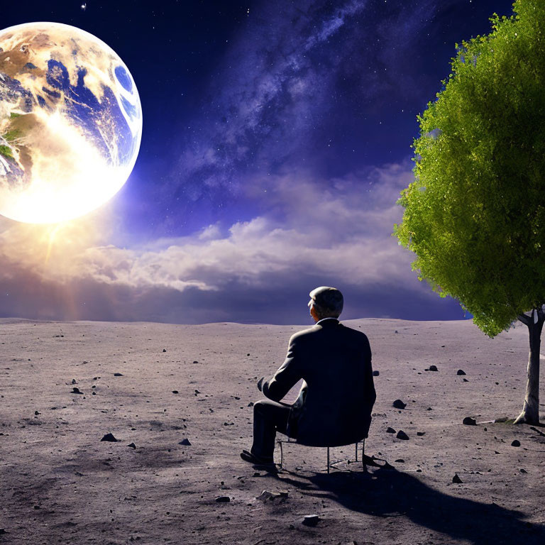 Person sitting on chair gazes at Earth rising above barren landscape with lone green tree.