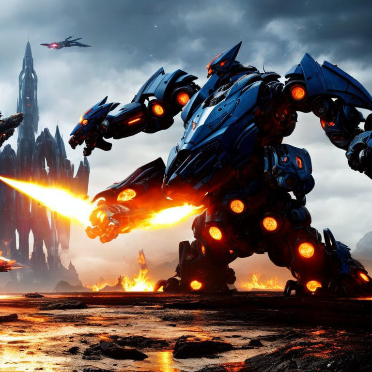 Massive robots battle in fiery landscape with futuristic aircraft and dark mountains